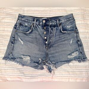 AGOLDE Distressed Cut Off Denim Shorts Blue Button Fly Pockets Raw Hem Size 28
